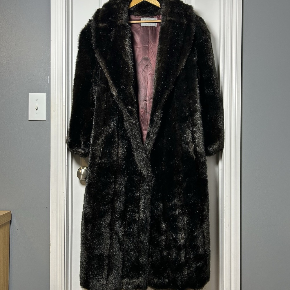 Jordache Vintage Made in USA Dark Brown Faux Fur Longline Coat Old Money Style